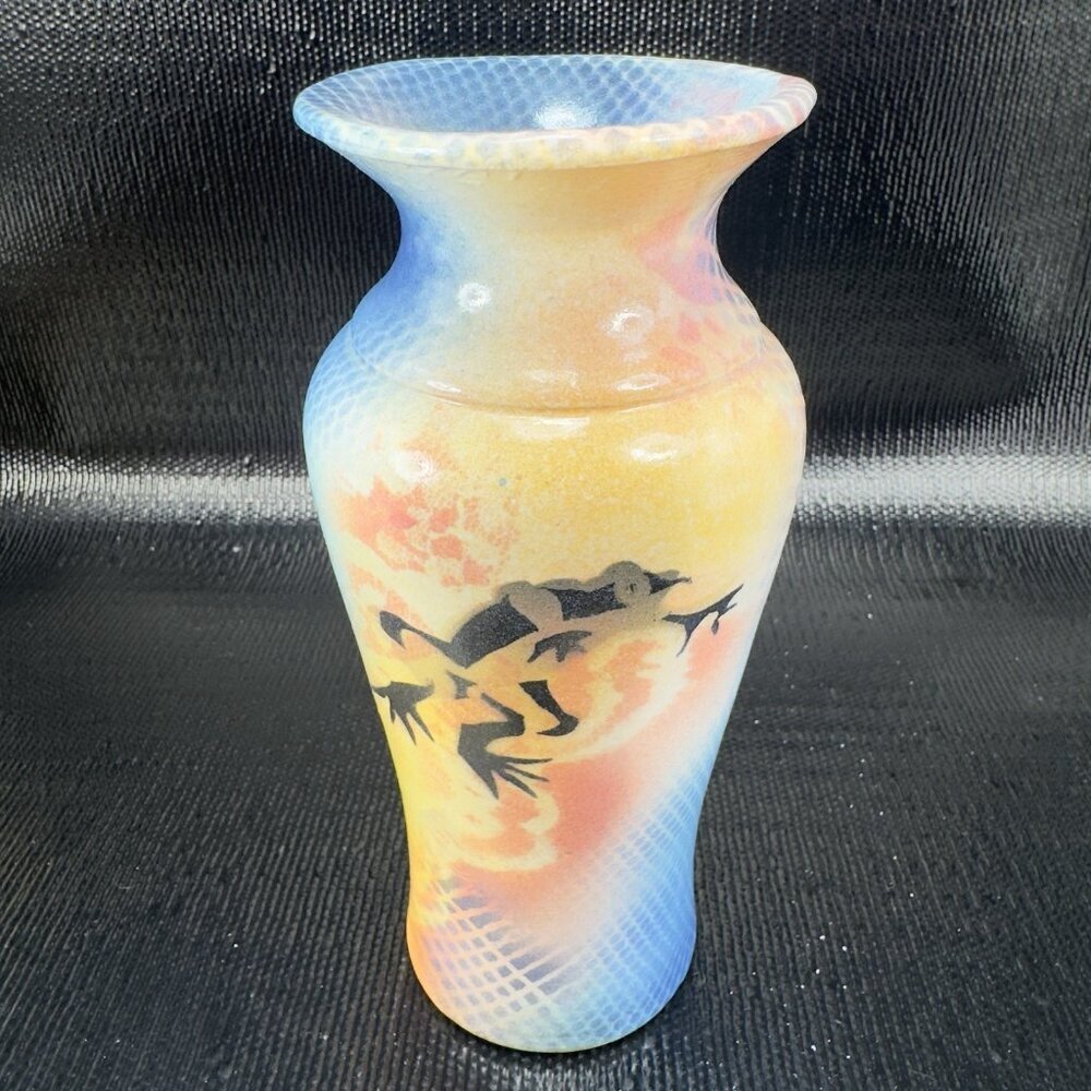 Vintage 1990 Hand Made Pottery Vase Vessel Artist Signed Burger Frog Multicolor